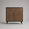 Credenza contenitore a 2 ante in legno e metallo, marrone noce, nero e ottone, 100 x 40 x 100 cm