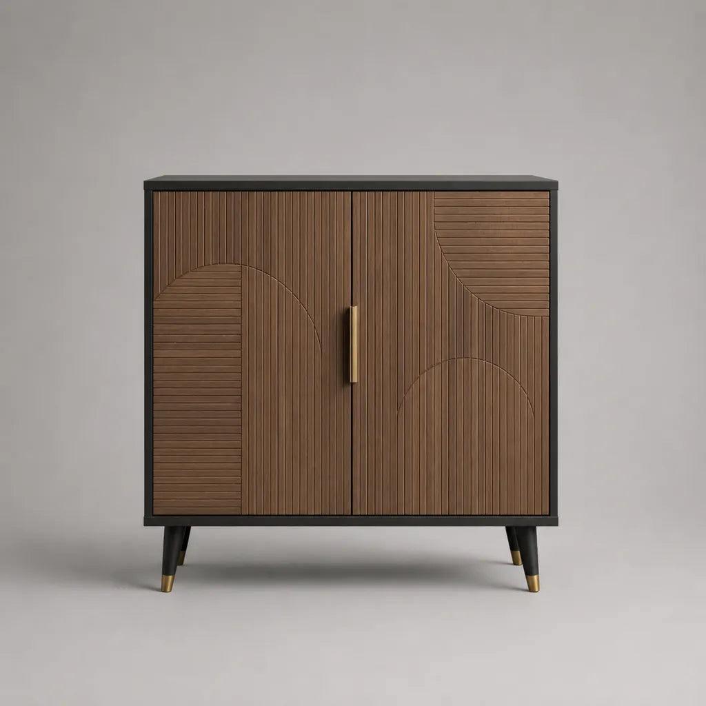 Credenza contenitore a 2 ante in legno e metallo, marrone noce, nero e ottone, 100 x 40 x 100 cm