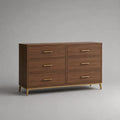 Cassettiera rettangolare a 6 cassetti in MDF e acciaio, marrone noce e ottone, 140 x 45 x 90 cm