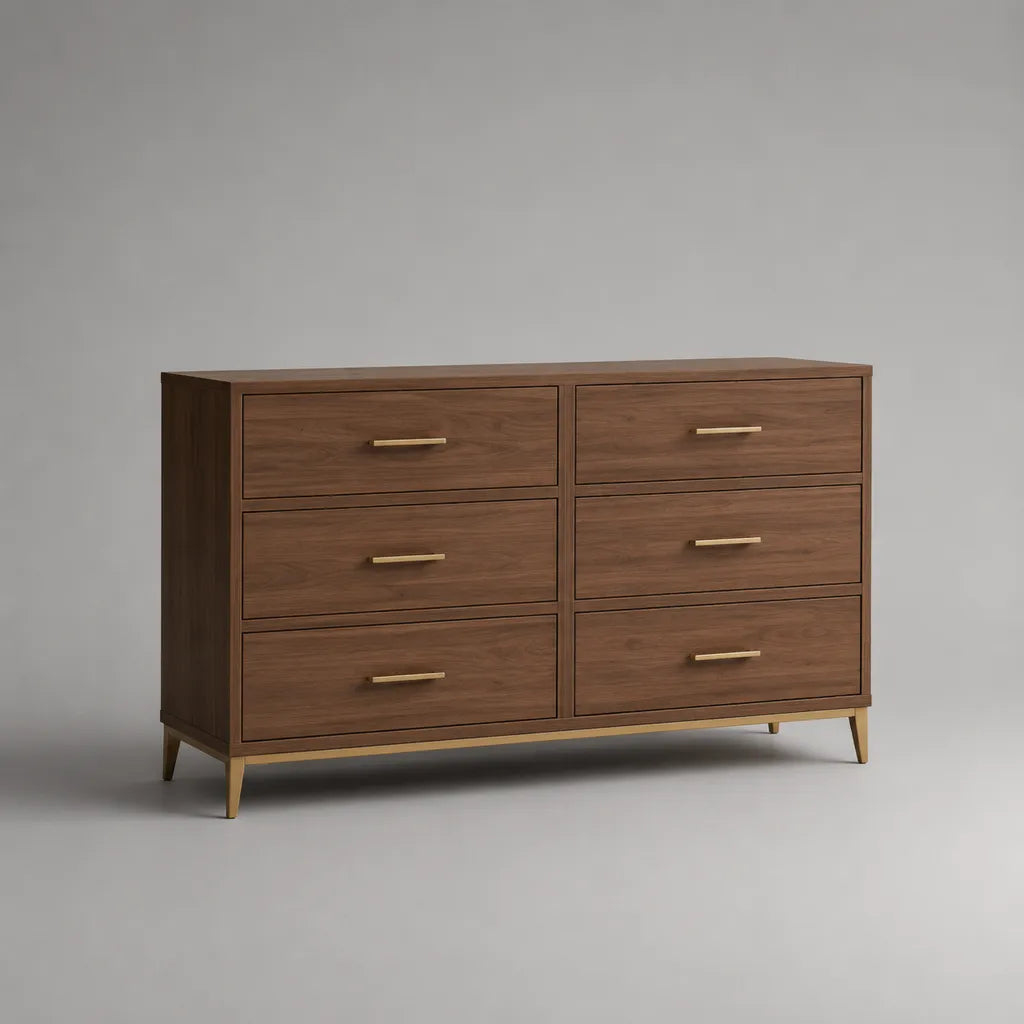 Cassettiera rettangolare a 6 cassetti in MDF e acciaio, marrone noce e ottone, 140 x 45 x 90 cm