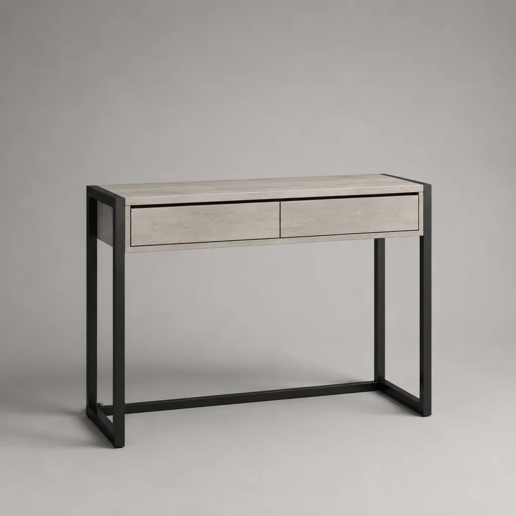 Consolle rettangolare con 2 cassetti in MDF impiallacciato e acciaio, 100 × 35 × 80 cm, grigio chiaro e nero