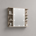 Specchio LED rettangolare da bagno con struttura in legno e 6 vani aperti, rovere chiaro e argento, 90 x 15 x 80 cm