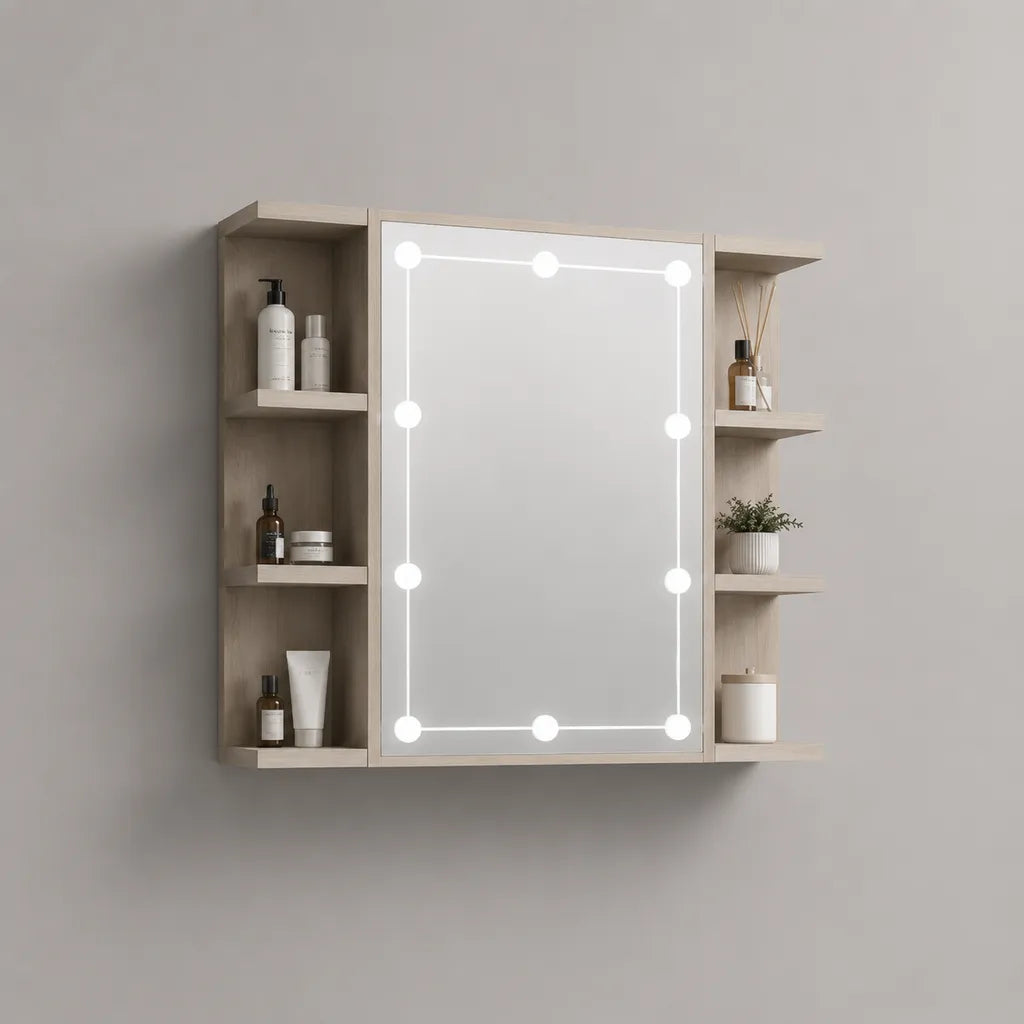 Specchio LED rettangolare da bagno con struttura in legno e 6 vani aperti, rovere chiaro e argento, 90 x 15 x 80 cm