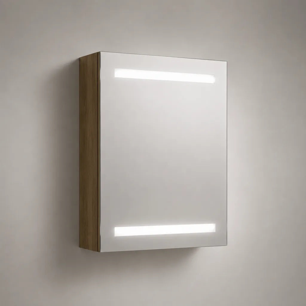 Armadietto da bagno sospeso in MDF con anta a specchio e illuminazione LED, argento e noce, 60 × 15 × 80 cm