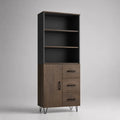 Credenza alta con libreria, 3 cassetti e 1 anta, in legno e metallo, marrone e nera, 80 × 40 × 180 cm