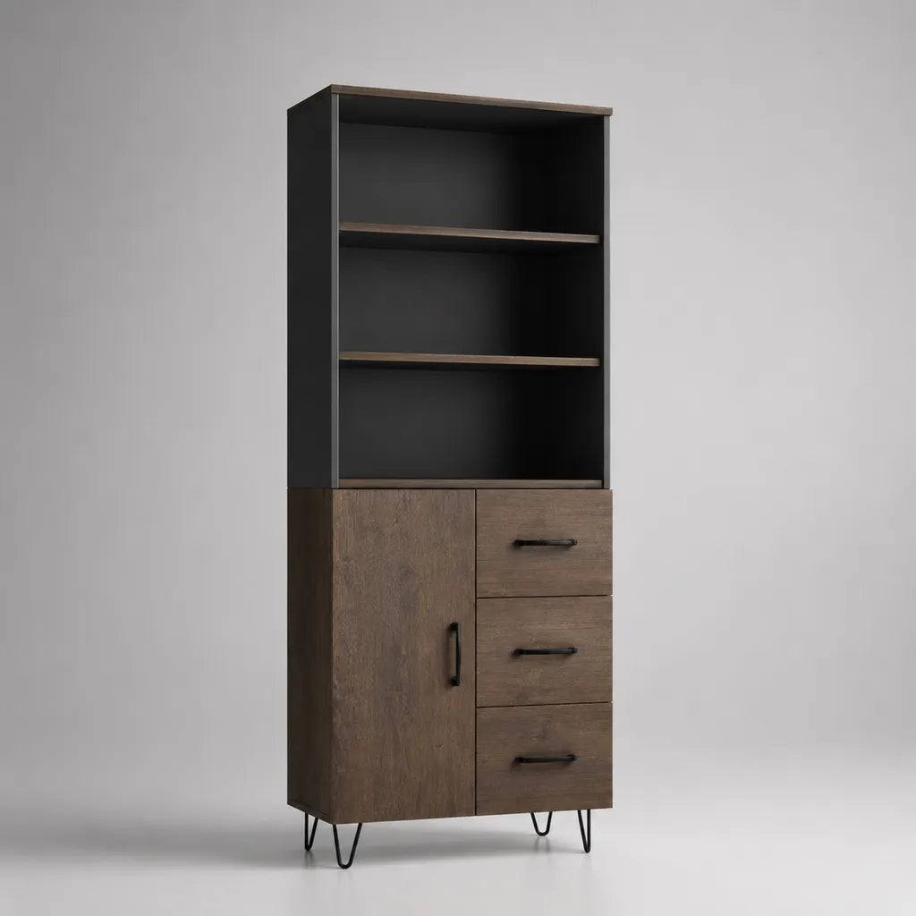 Credenza alta con libreria, 3 cassetti e 1 anta, in legno e metallo, marrone e nera, 80 × 40 × 180 cm