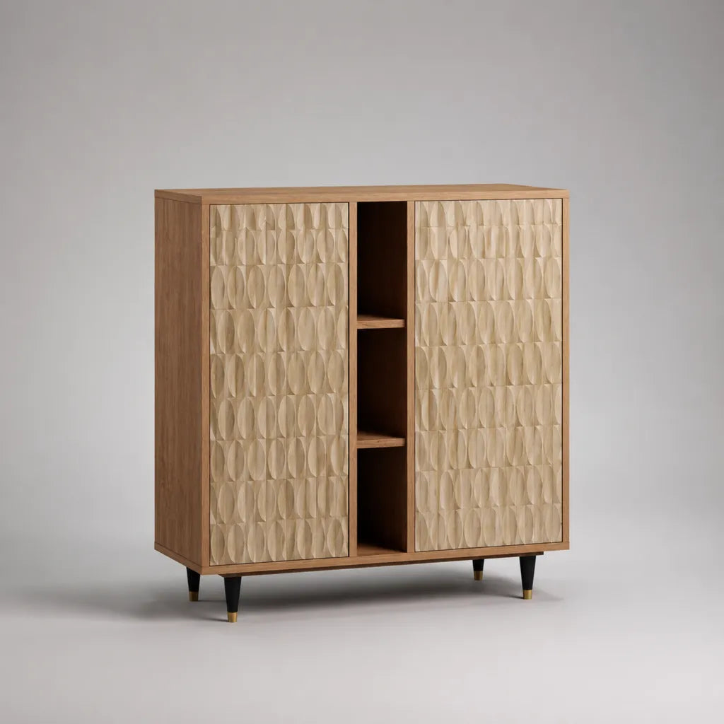 Credenza alta rettangolare in legno a 2 ante, marrone naturale e beige, 120 x 40 x 120 cm