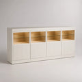 Credenza buffet bianca e rovere chiaro con 4 ante in MDF e vetro temperato, 200 x 40 x 90 cm
