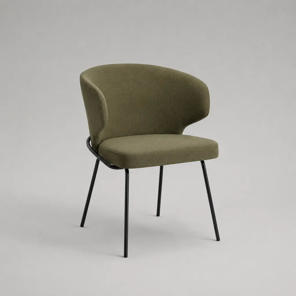 Sedia da pranzo imbottita verde oliva con schienale curvo e gambe in acciaio nero, 58 x 57 x 78 cm