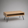 Tavolino da caffè rettangolare in legno con vano aperto e gambe a forcina in acciaio nero, 100 x 50 x 45 cm