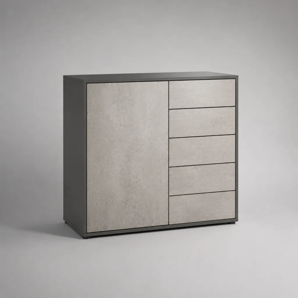 Credenza in MDF e truciolare con 1 anta e 5 cassetti, antracite e beige effetto pietra, 120 × 40 × 110 cm