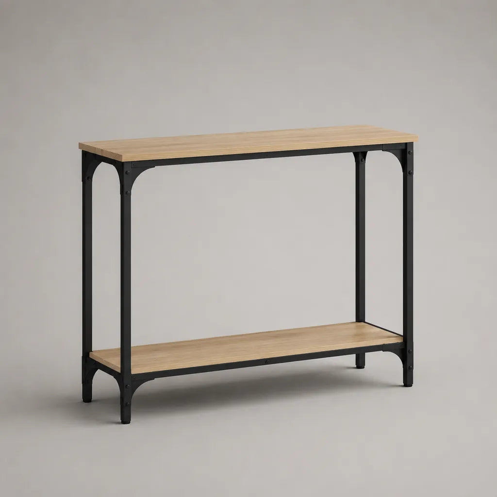 Consolle da ingresso rettangolare in legno e acciaio, rovere naturale e nero, con ripiano, 100 x 30 x 80 cm