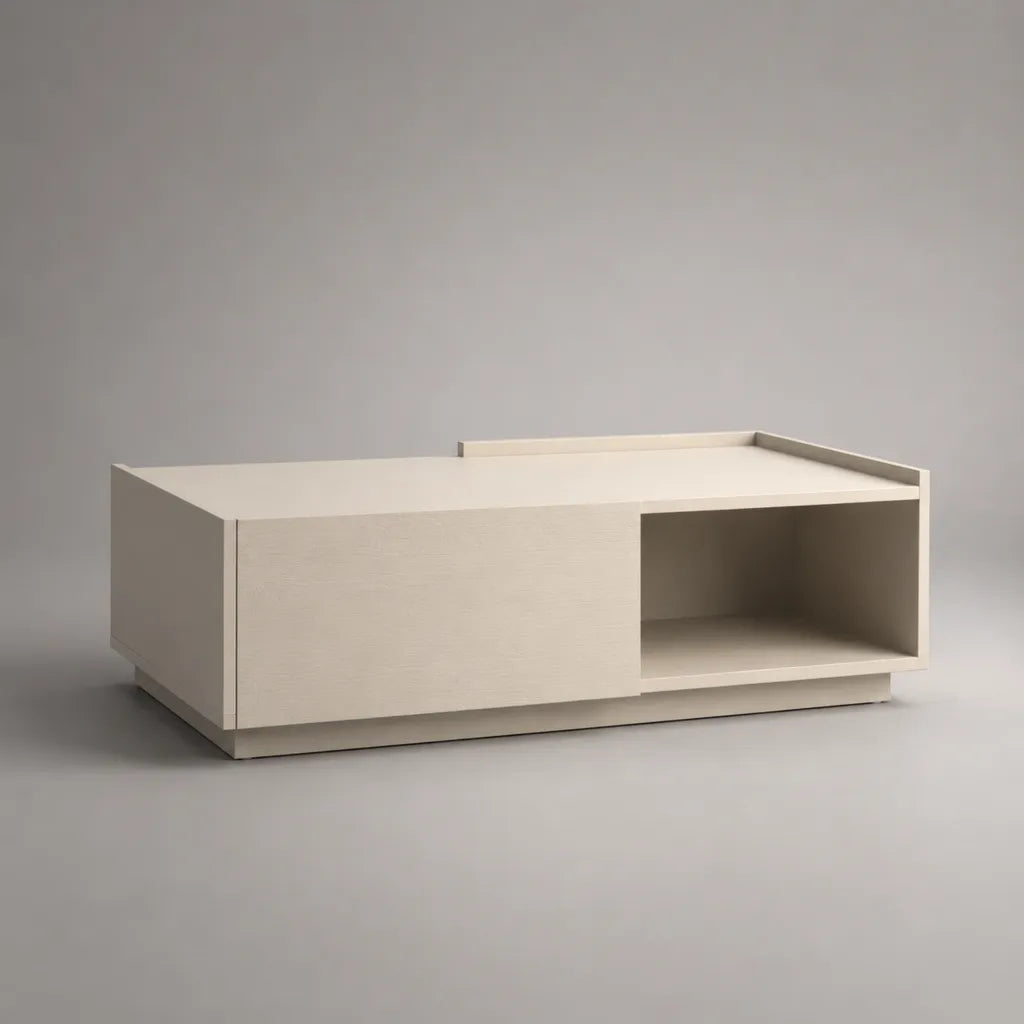 Tavolino da caffè rettangolare in MDF con vano aperto e contenitore chiuso, bianco crema, 120 × 60 × 40 cm
