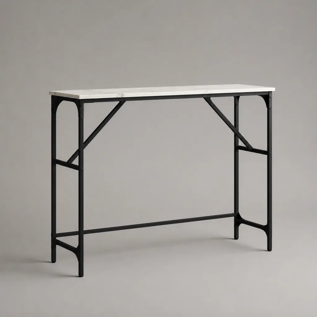 Consolle rettangolare in pietra sinterizzata bianca e metallo nero, 120 x 35 x 90 cm