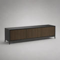 Credenza bassa rettangolare a 3 ante in legno e acciaio, nero e bronzo, 180 x 40 x 60 cm