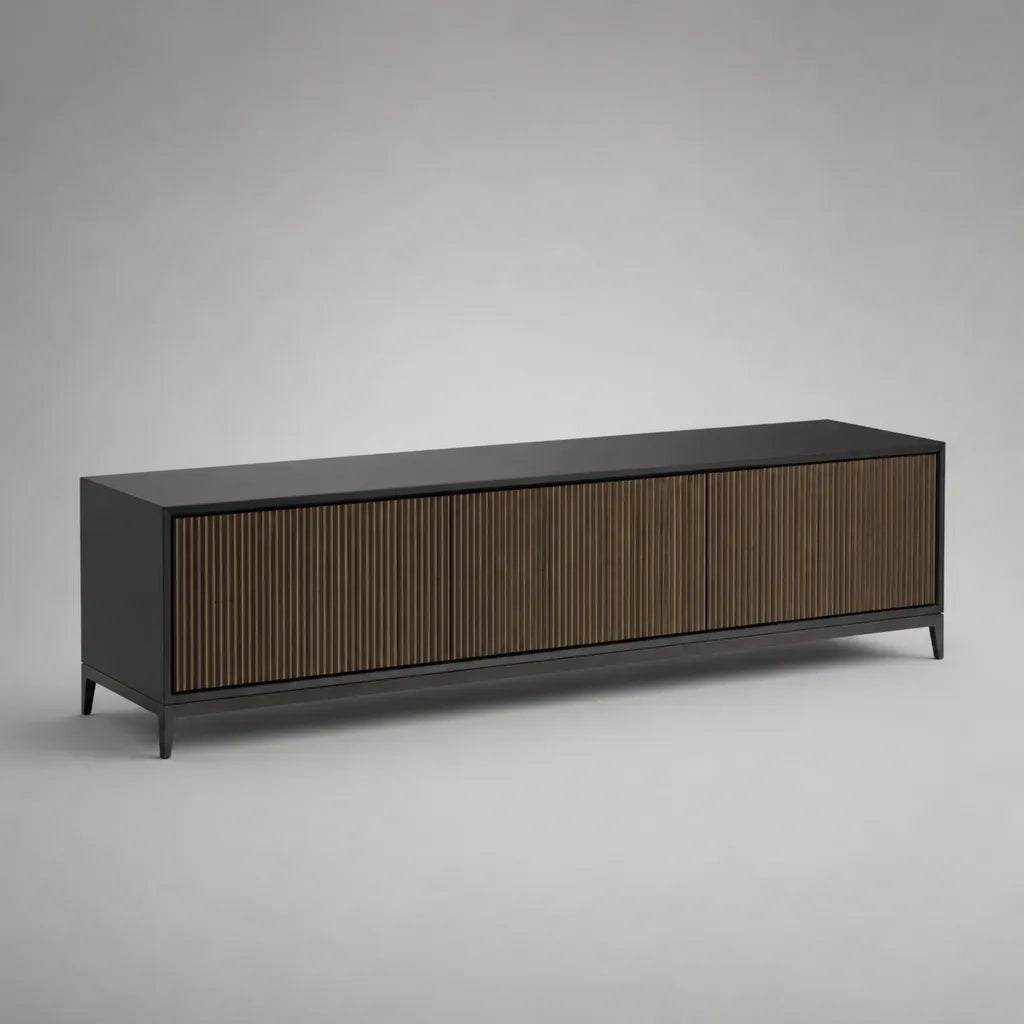 Credenza bassa rettangolare a 3 ante in legno e acciaio, nero e bronzo, 180 x 40 x 60 cm