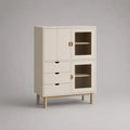 Credenza alta beige in MDF e vetro, 4 ante e 3 cassetti, 90 × 40 × 130 cm