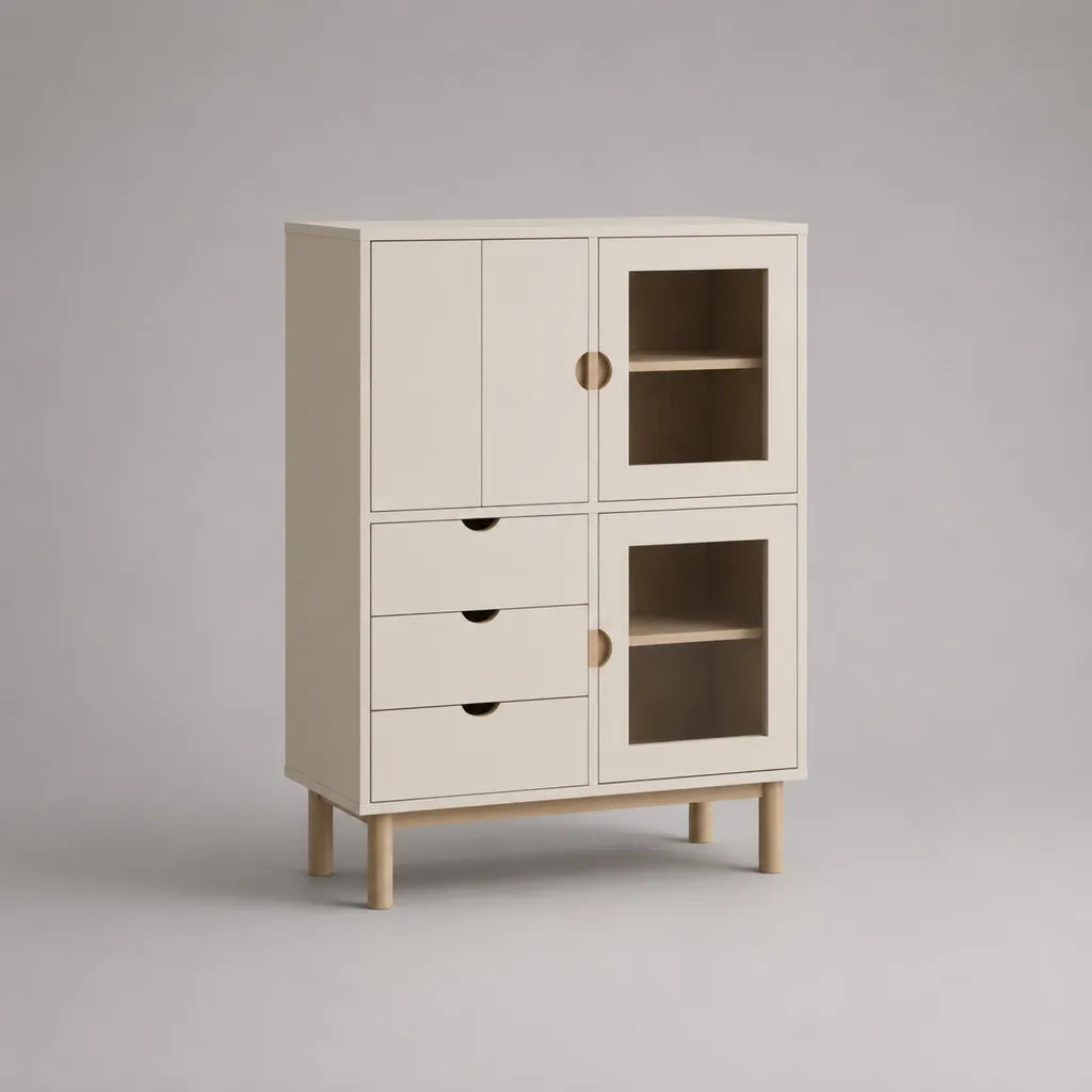 Credenza alta beige in MDF e vetro, 4 ante e 3 cassetti, 90 × 40 × 130 cm