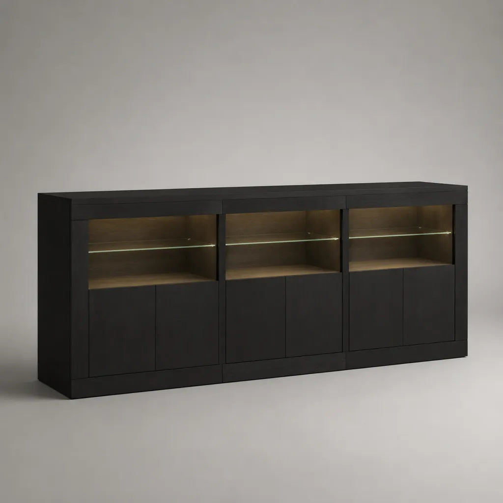 Credenza vetrina rettangolare nera in truciolare melaminico e vetro con LED, 200 × 40 × 90 cm