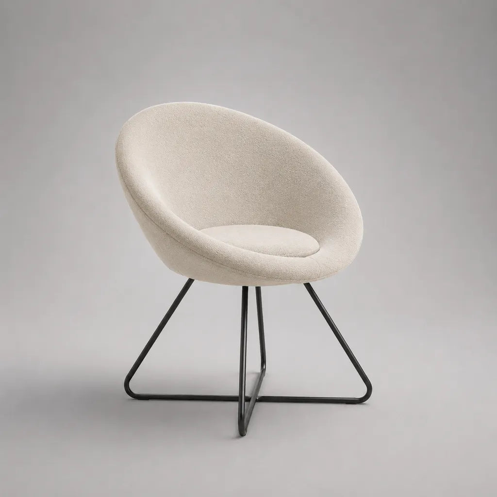 Sedia da pranzo imbottita in tessuto crema con schienale ovale e gambe in acciaio nero, 75 × 77 × 72 cm