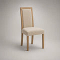 Sedia da pranzo imbottita in rovere massello e tessuto beige, 46 × 53 × 98 cm