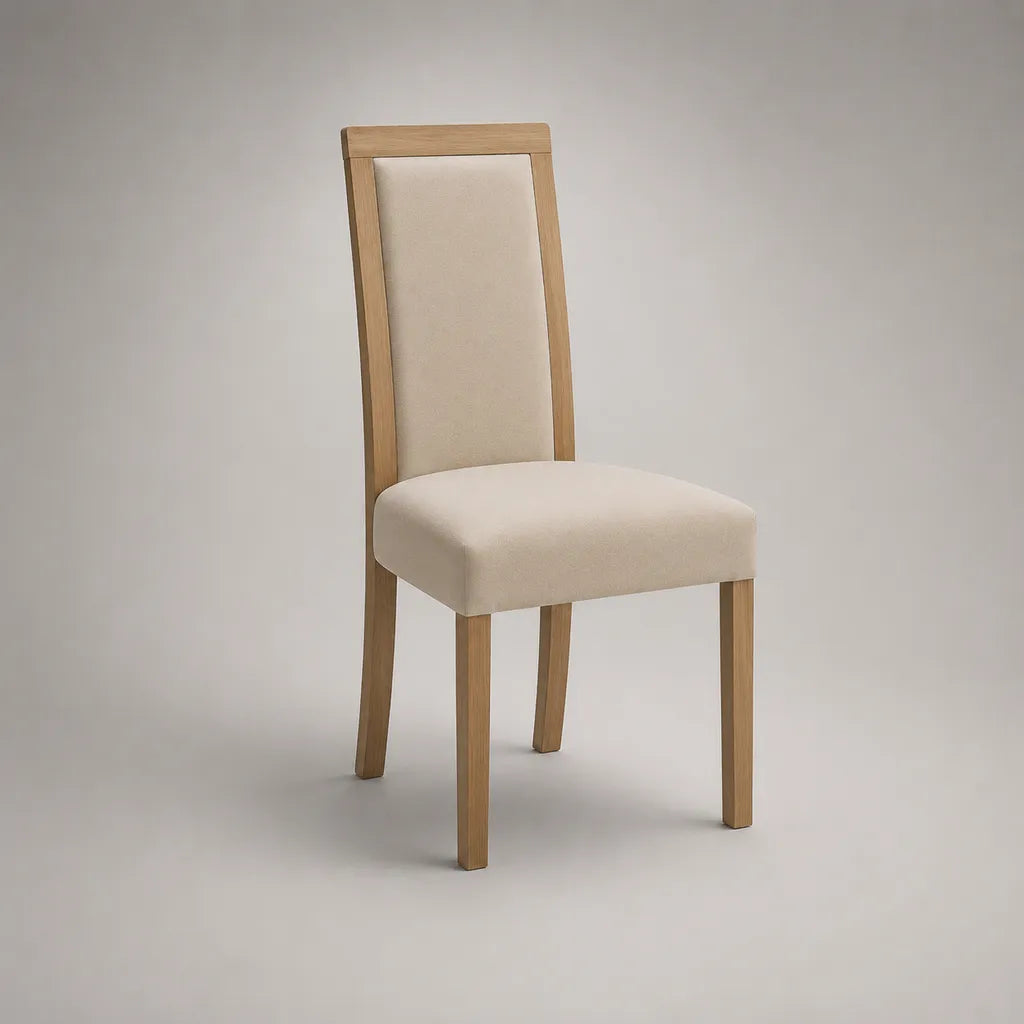 Sedia da pranzo imbottita in rovere massello e tessuto beige, 46 × 53 × 98 cm
