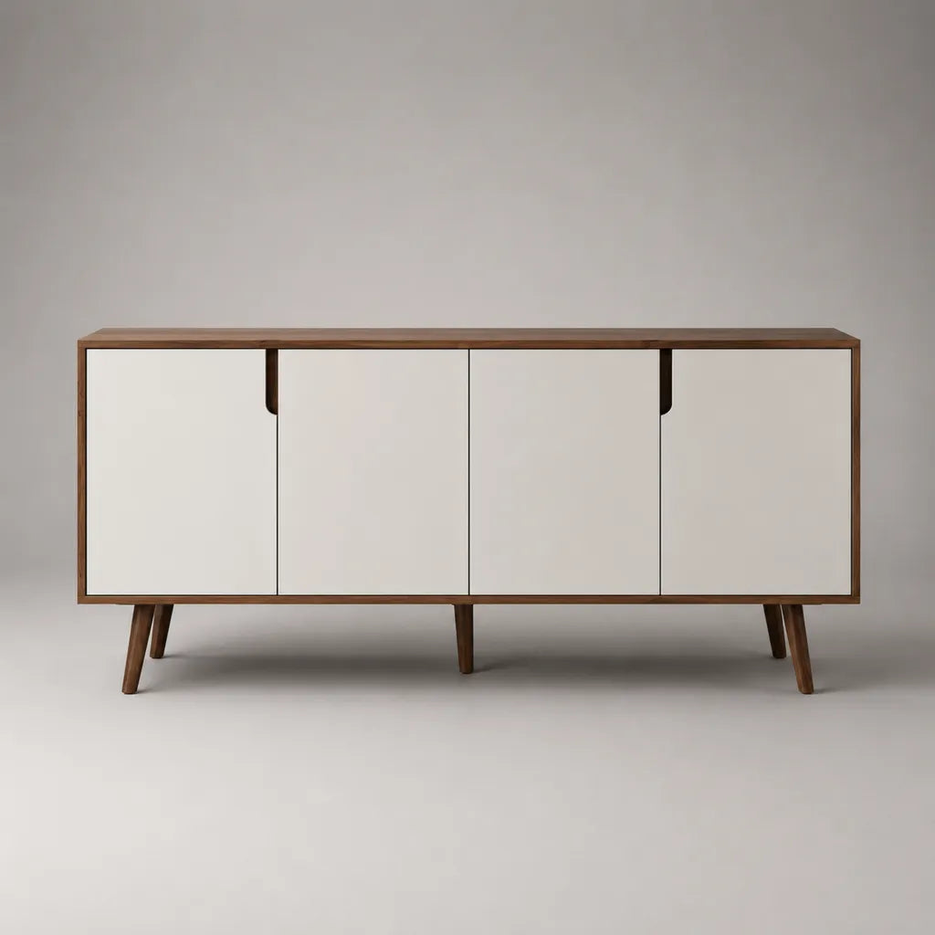 Credenza rettangolare a 4 ante in MDF impiallacciato noce e laccato bianco opaco, 180 x 40 x 80 cm