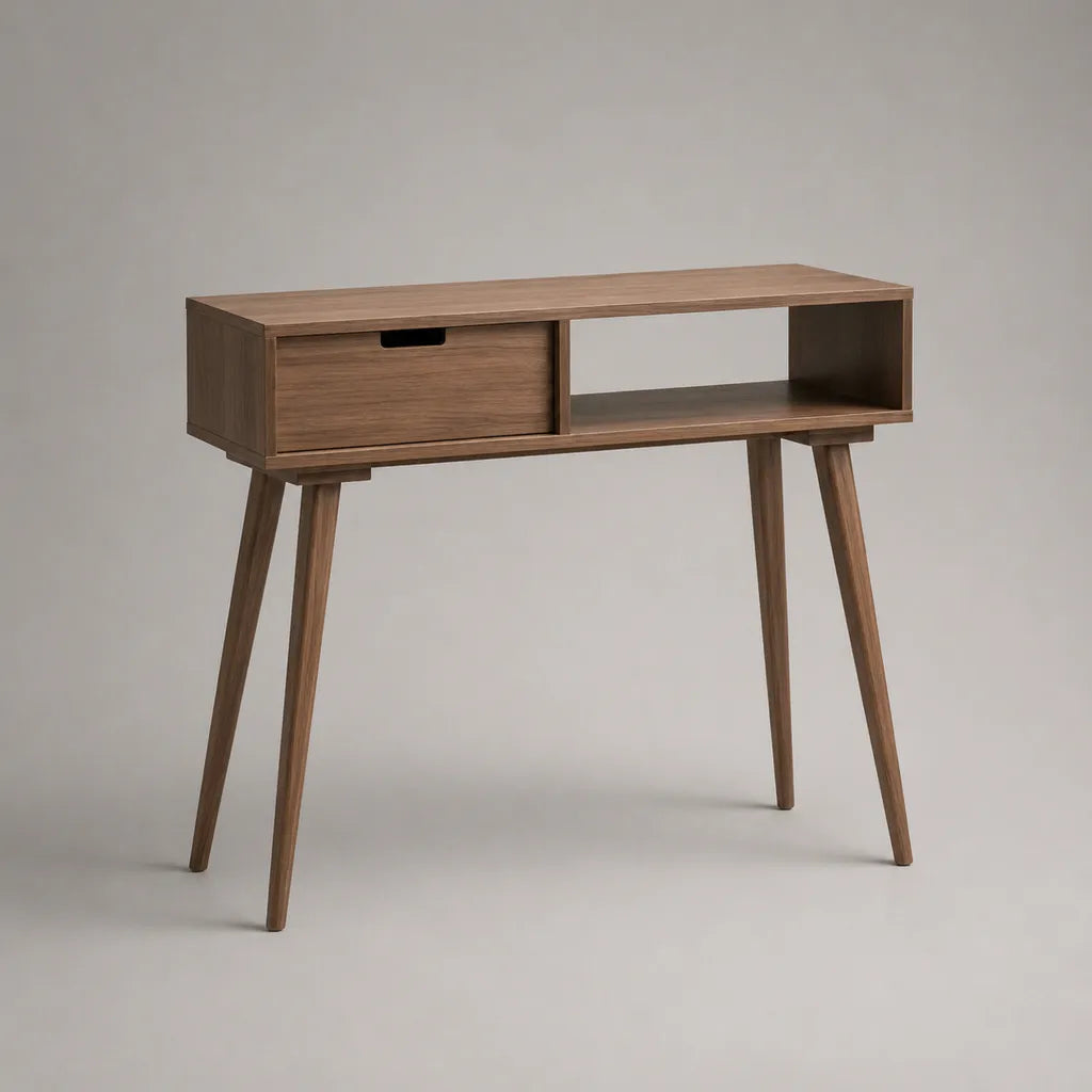 Consolle rettangolare in MDF impiallacciato noce con cassetto e vano aperto, marrone noce, 100 × 35 × 80 cm